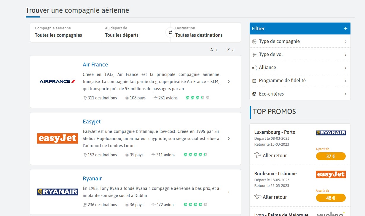 Recherche de compagnies aériennes